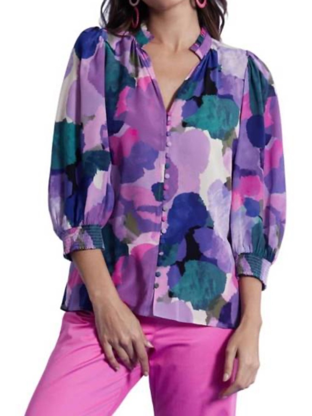 Tyler Boe Krista 100% Silk Watercolor Blouse Women’s Size Large 3/4 Sleeve - Picture 2 of 8